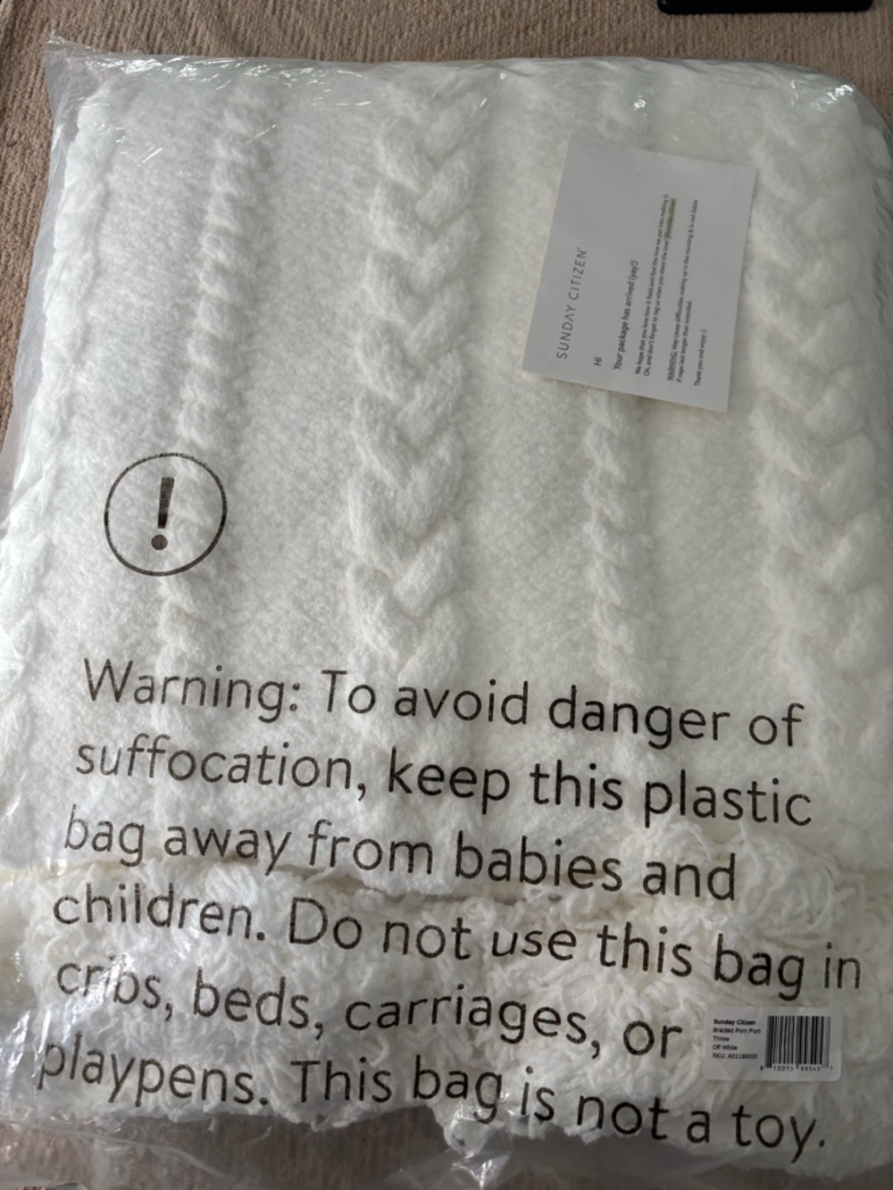Sunday Citizen White Cable Knit Throw Blanket - Braided Texture - Picture 6 of 7